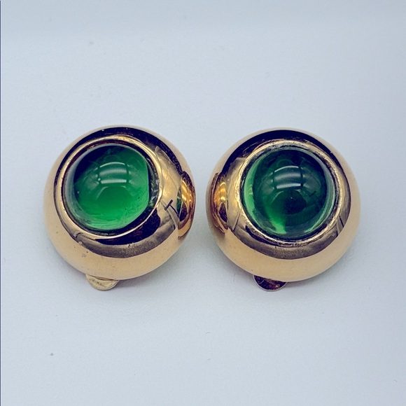 Givenchy Vintage Cabochon Earrings – Emerald Glow in Gold - Picture 1 of 7